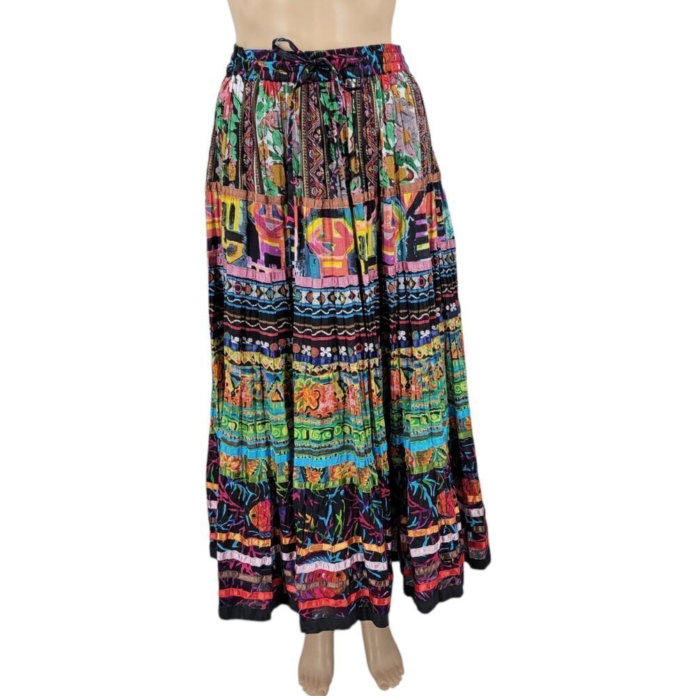 Travel Smith Colorful Bohemian Maxi Skirt Tropical Crinkle Pleat Black Colorful